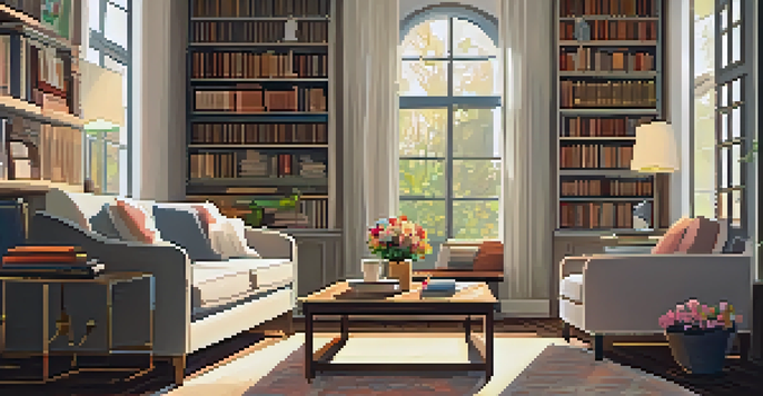 A cozy living room with natural light, a comfortable sofa, a coffee table with flowers, and bookshelves.