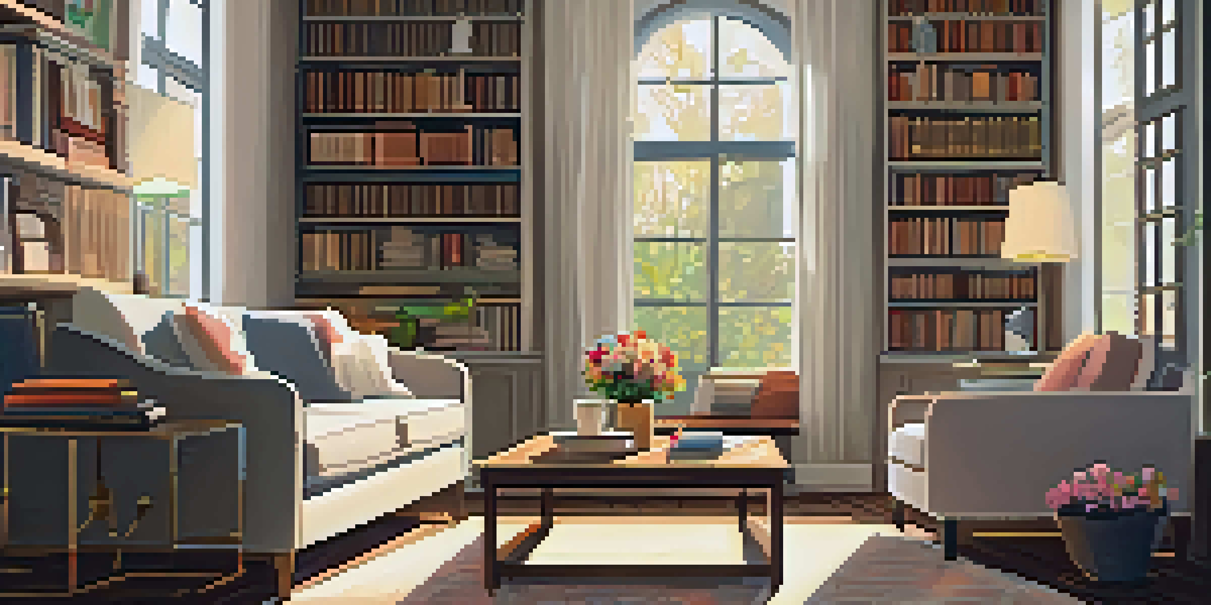 A cozy living room with natural light, a comfortable sofa, a coffee table with flowers, and bookshelves.