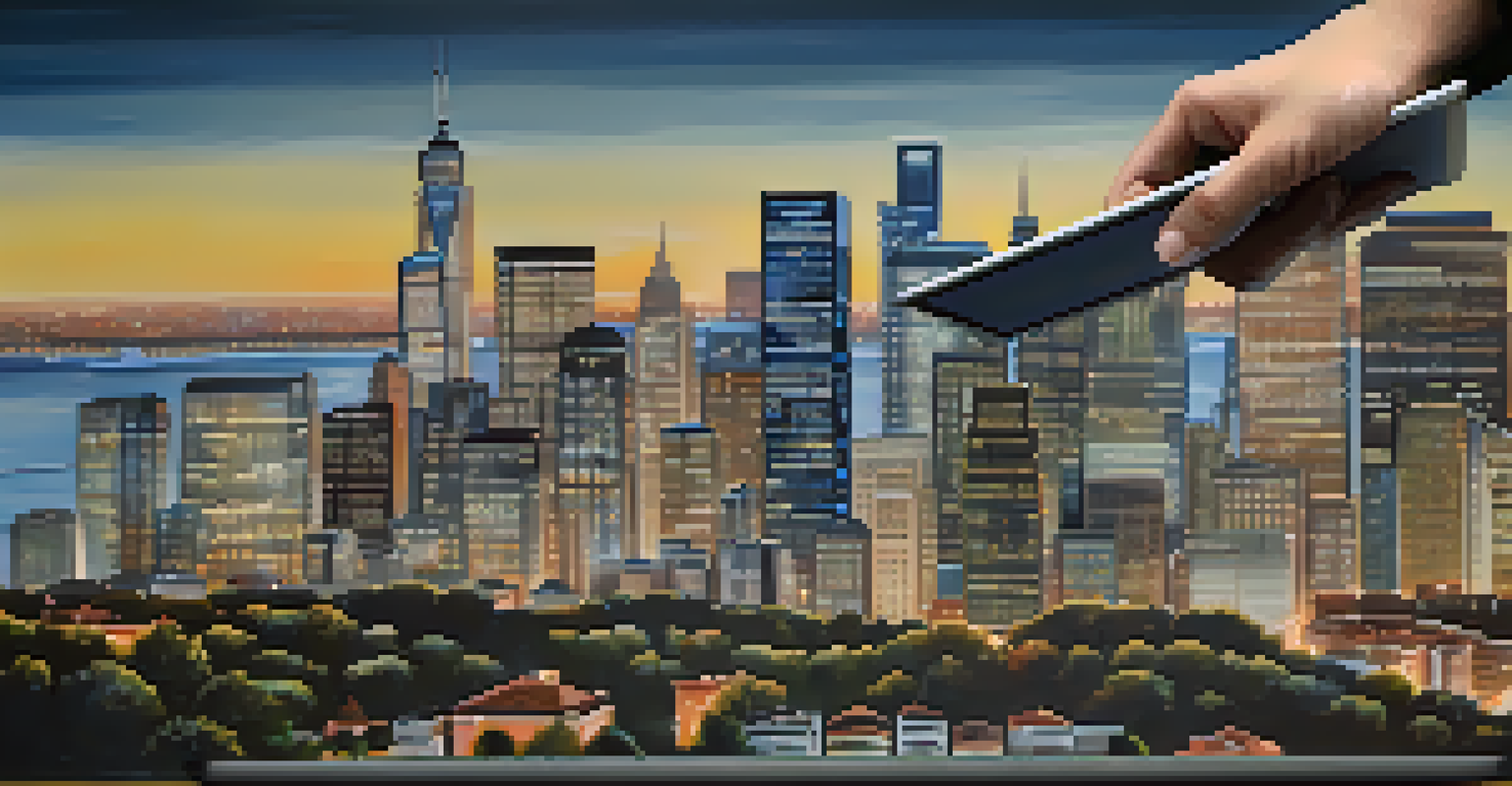 A real estate agent holding a tablet with property listings, against a backdrop of a city skyline.