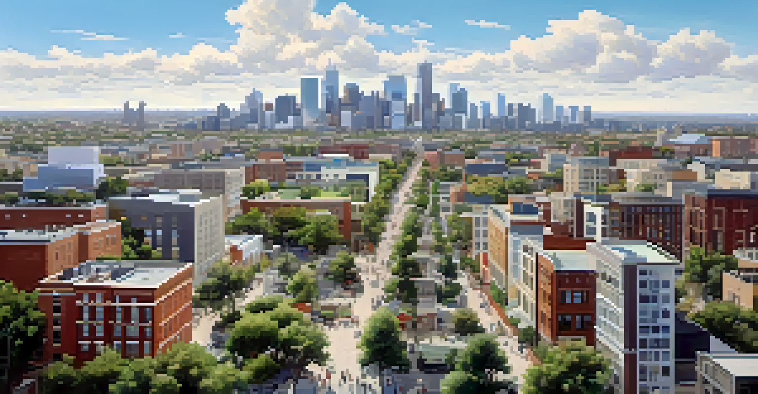 An aerial view of a vibrant city showing a mix of residential and commercial areas, with construction projects and green spaces under a bright sky.