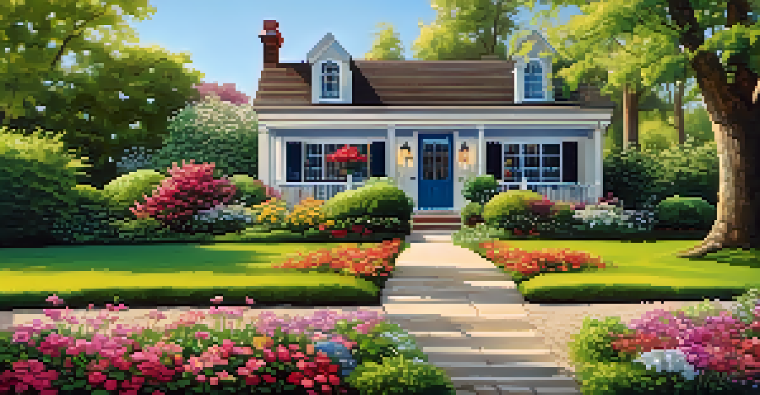 A close-up of a For Sale sign in front of a beautiful home with a garden.