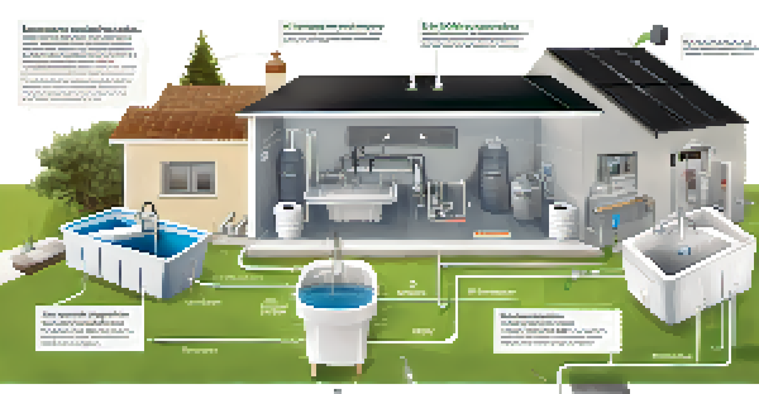 An infographic illustrating greywater recycling processes in a household with labeled diagrams and arrows.