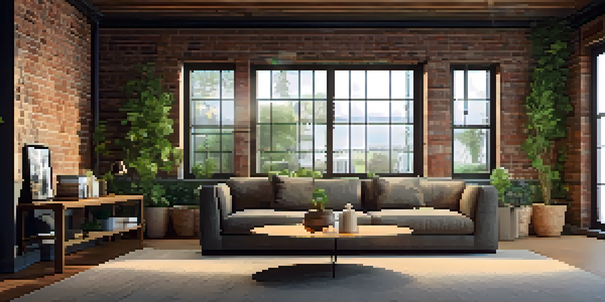 A modern living room with a large window, dark brick wall, and minimal furniture, filled with sunlight.