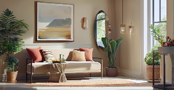 A cozy entryway with a slim console table, potted plants, a decorative mirror, warm lighting from a pendant lamp, and a small bench with colorful cushions.