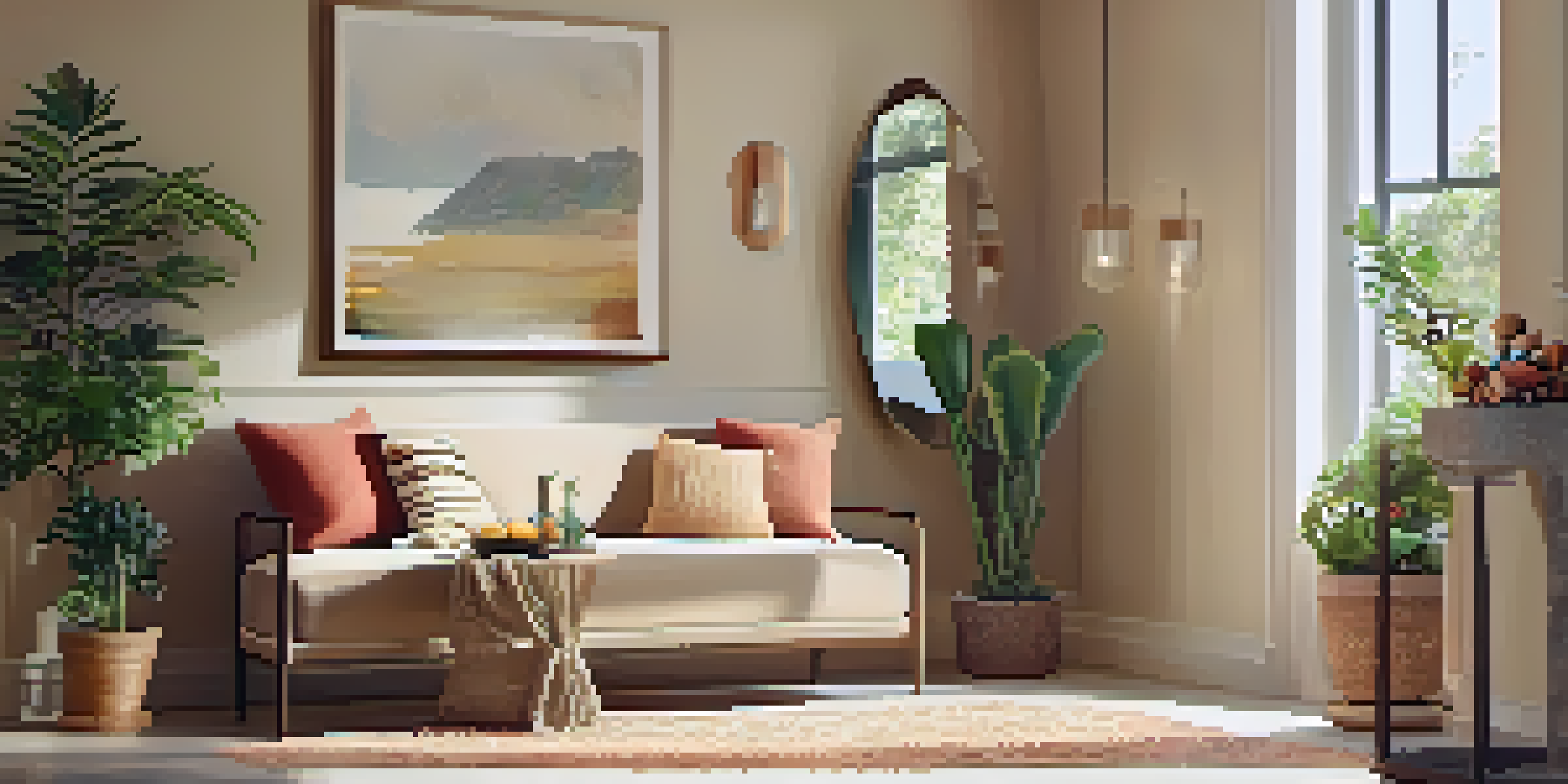 A cozy entryway with a slim console table, potted plants, a decorative mirror, warm lighting from a pendant lamp, and a small bench with colorful cushions.