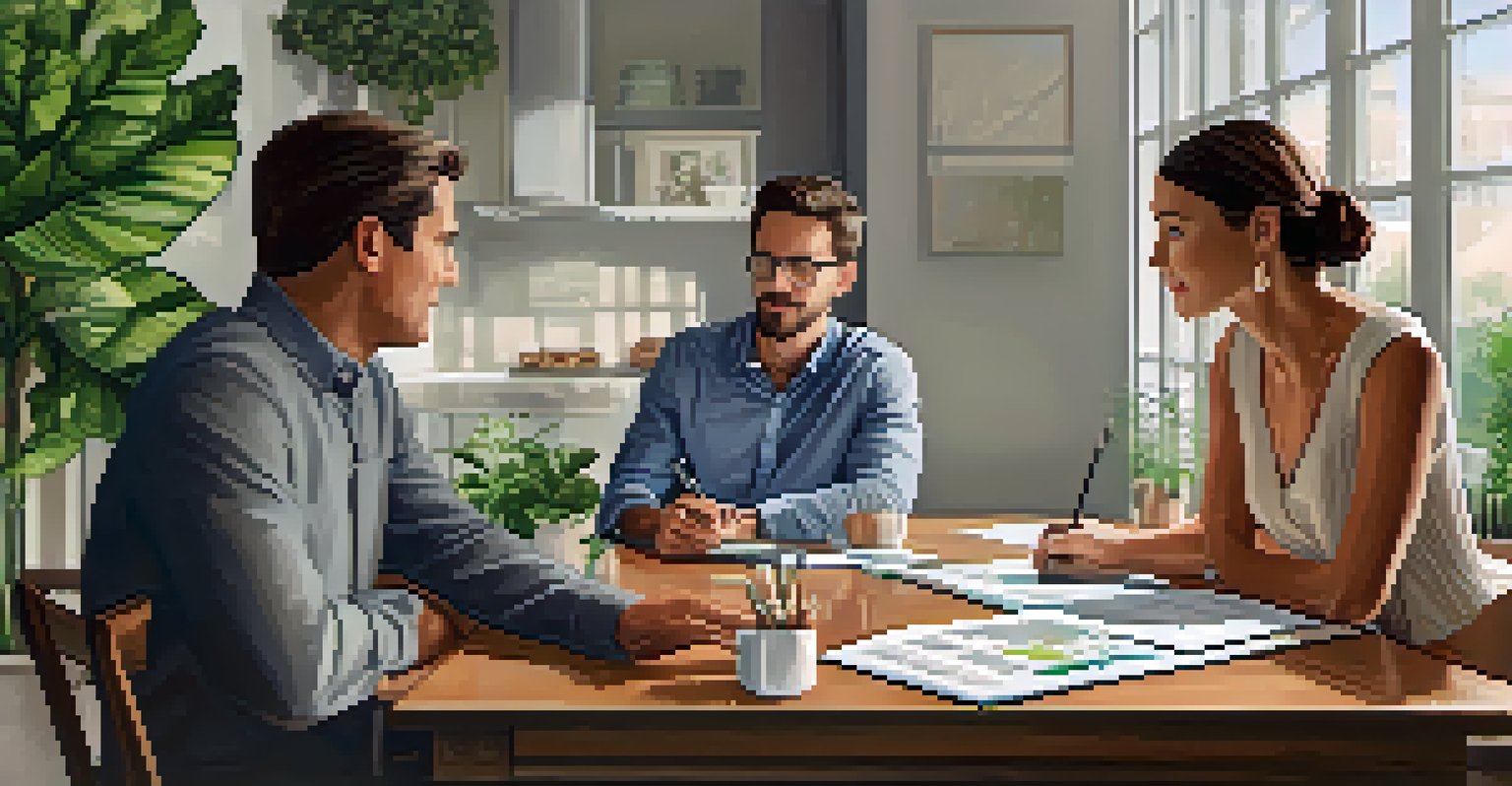 A real estate agent discussing a property inspection report with a couple at a table, with a modern and bright room ambiance.