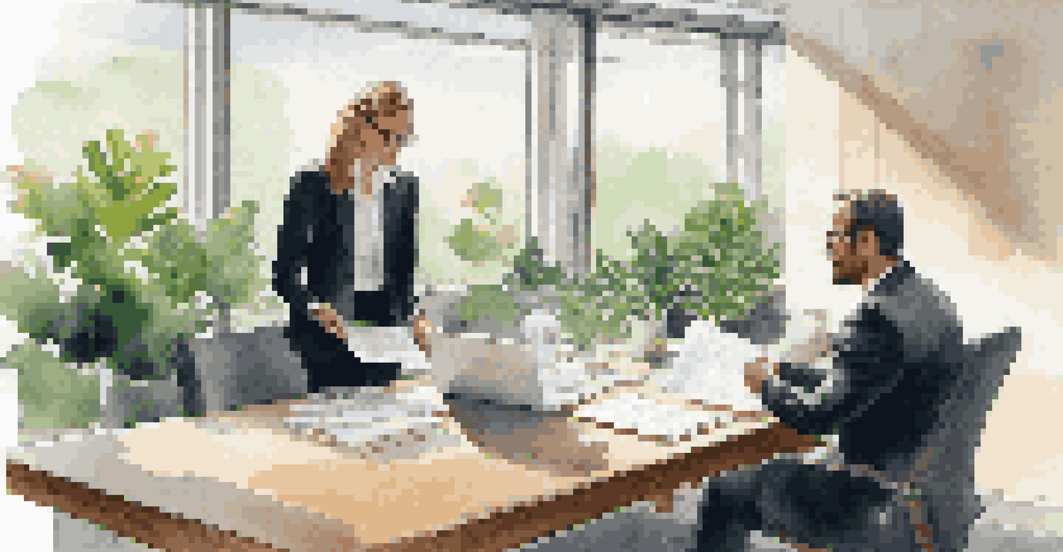 Two business professionals negotiating at a conference table with a laptop and a document showing contingencies, illuminated by sunlight in a modern office.