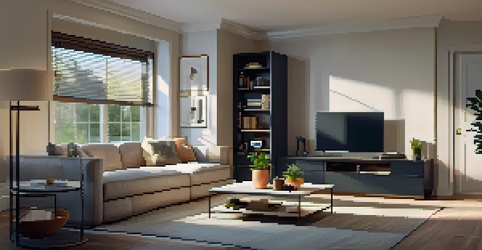 A cozy living room with a modern home security system, featuring a control panel and a security camera, warmly lit with plush furniture.