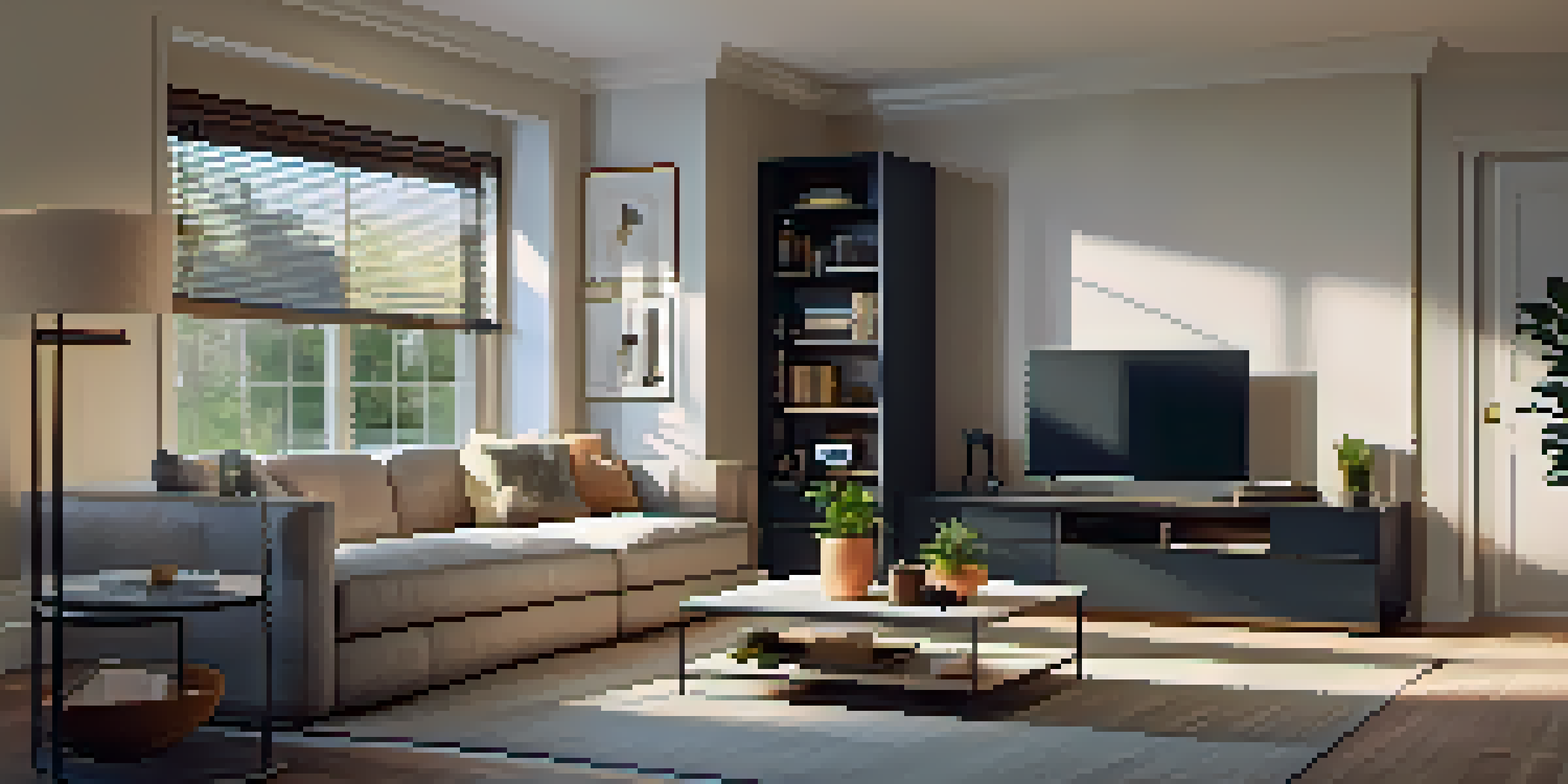 A cozy living room with a modern home security system, featuring a control panel and a security camera, warmly lit with plush furniture.