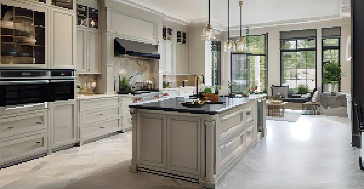 An elegant kitchen with high-end appliances and marble countertops, featuring a virtual tour interface with interactive hotspots.
