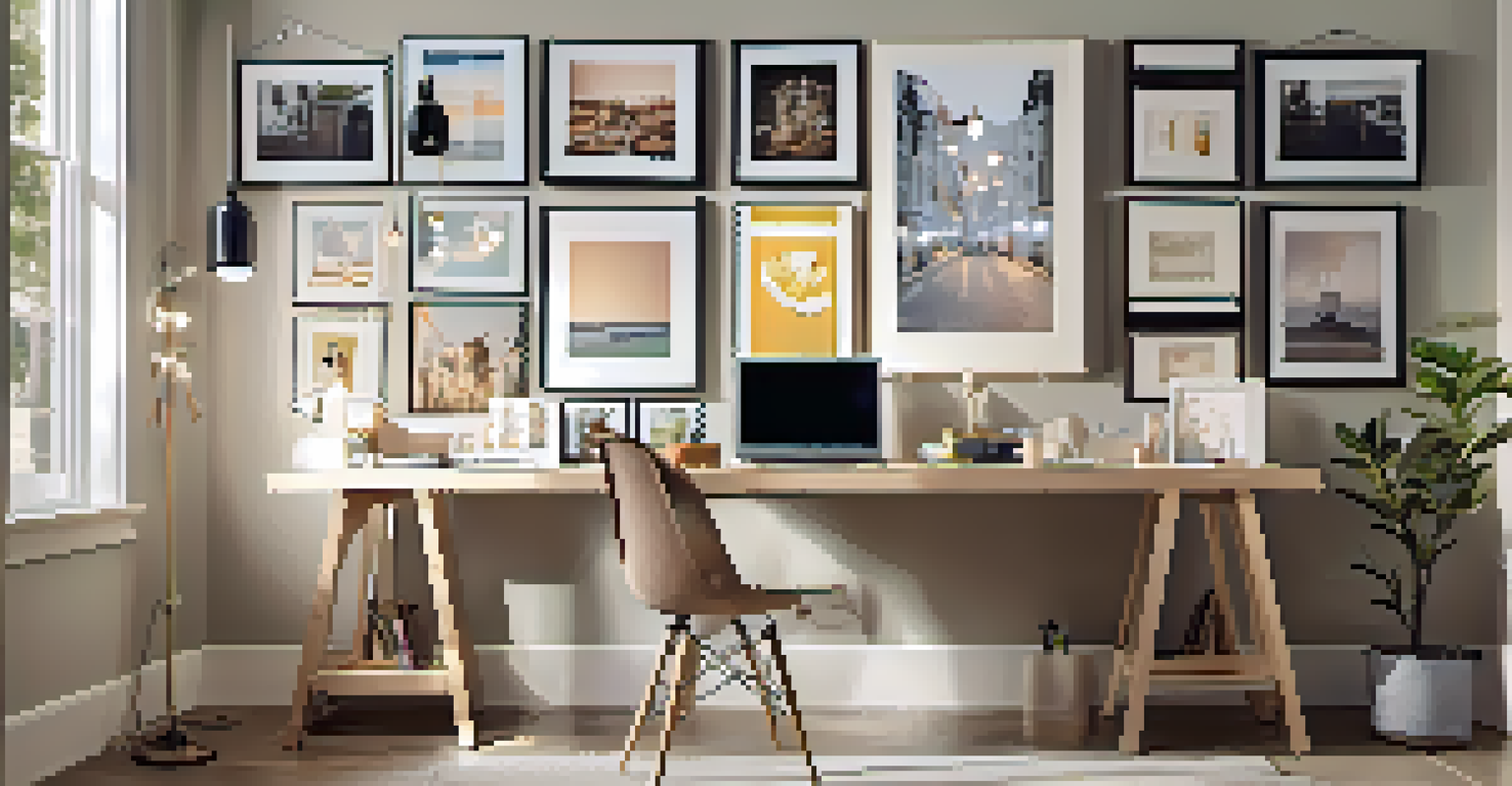 A personalized gallery wall in a small home office with framed photos and artwork, complemented by creative lighting.