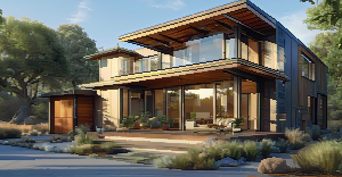 A modern eco-friendly home made of reclaimed wood and recycled metal surrounded by greenery, with solar panels on the roof and large windows, illuminated by warm golden hour light.