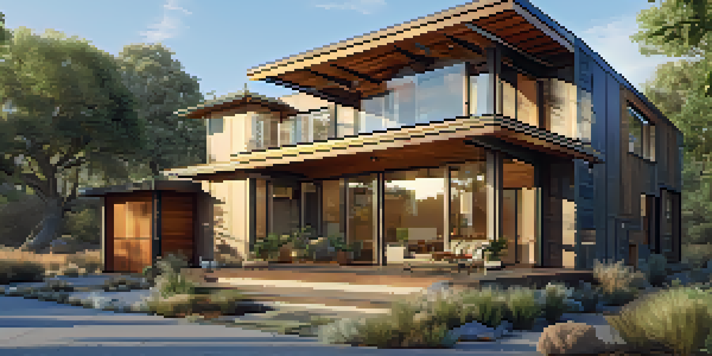 A modern eco-friendly home made of reclaimed wood and recycled metal surrounded by greenery, with solar panels on the roof and large windows, illuminated by warm golden hour light.