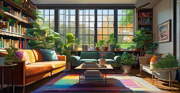 A warm and inviting living room with a sofa, coffee table, and natural light from the window.