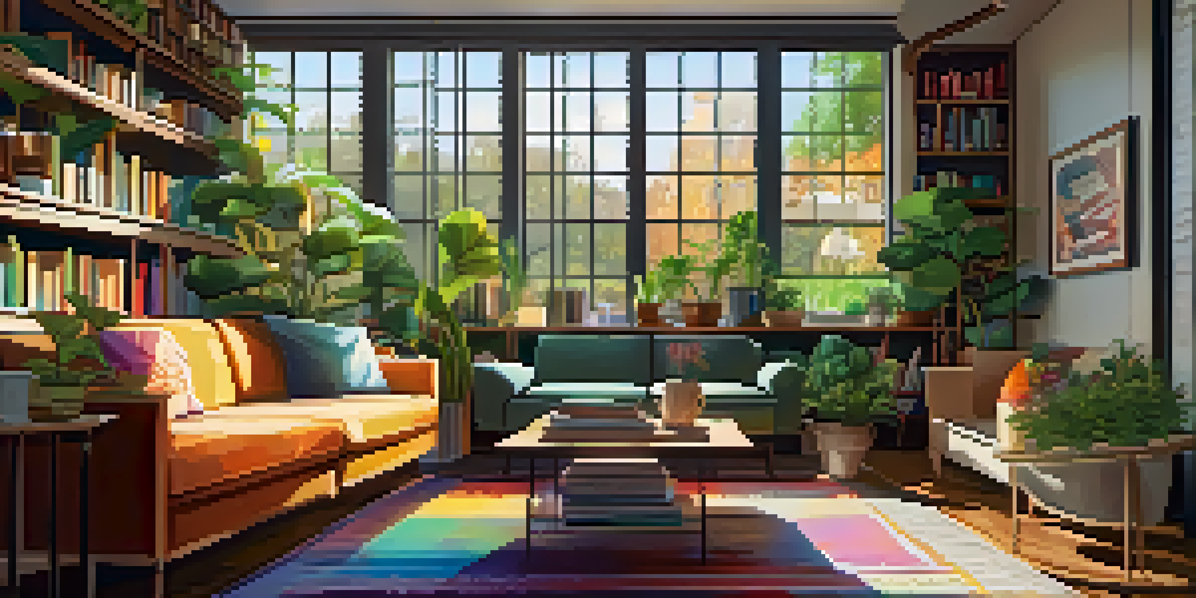A warm and inviting living room with a sofa, coffee table, and natural light from the window.