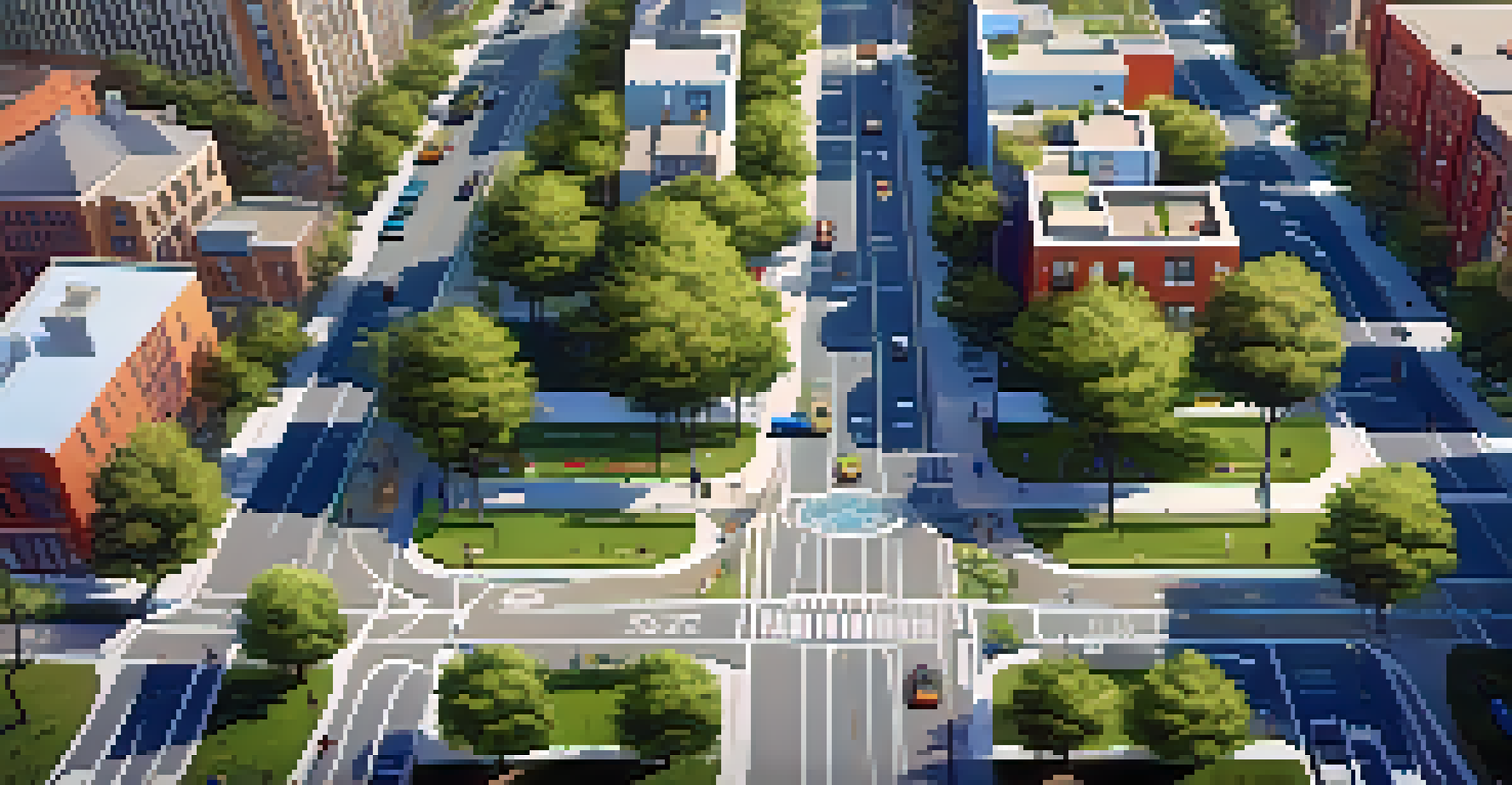 An aerial view of a city showcasing sustainable transportation options like bike lanes and parks, with diverse housing near transit hubs.