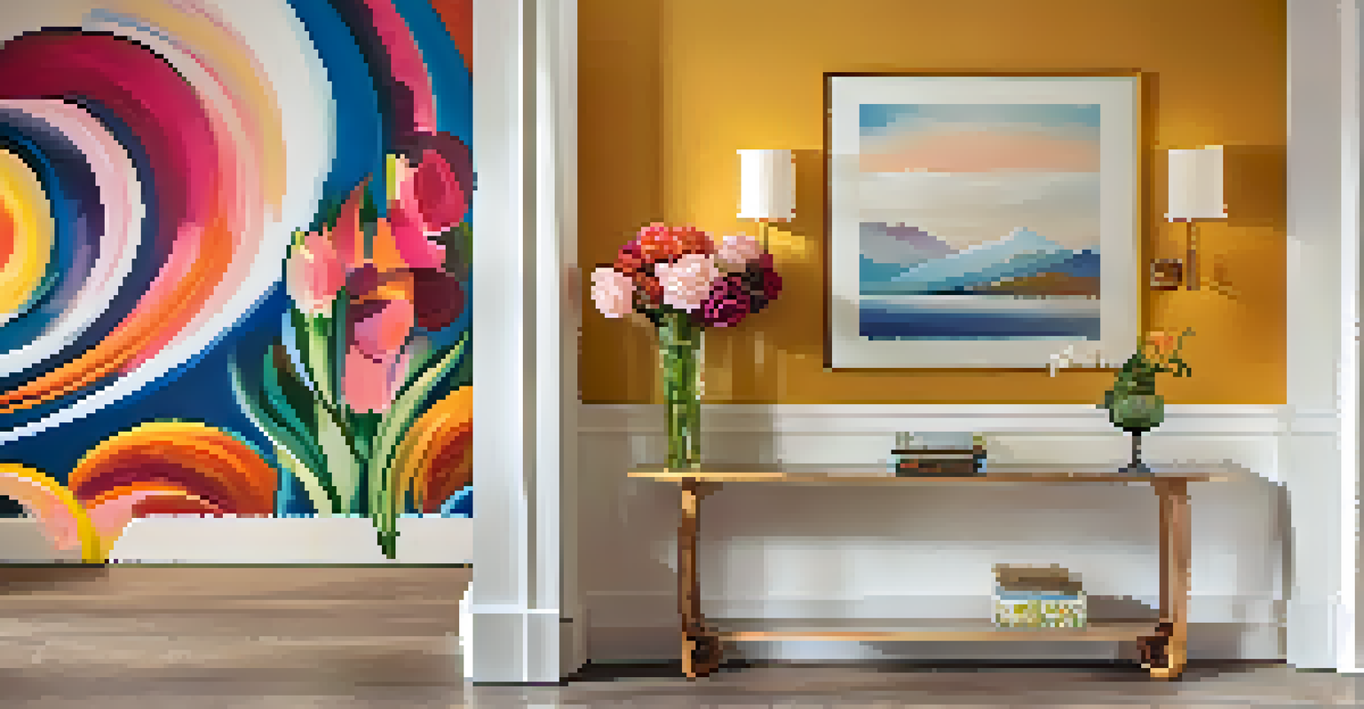 A hallway with a vibrant mural and stylish wall decals, framed art, and a decorative console table with flowers.