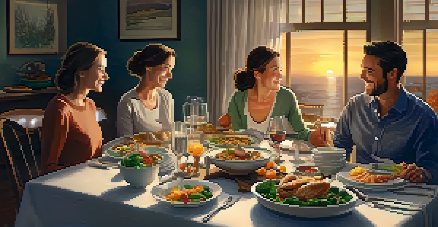 A family enjoying dinner together around a beautifully set table, sharing smiles and laughter.