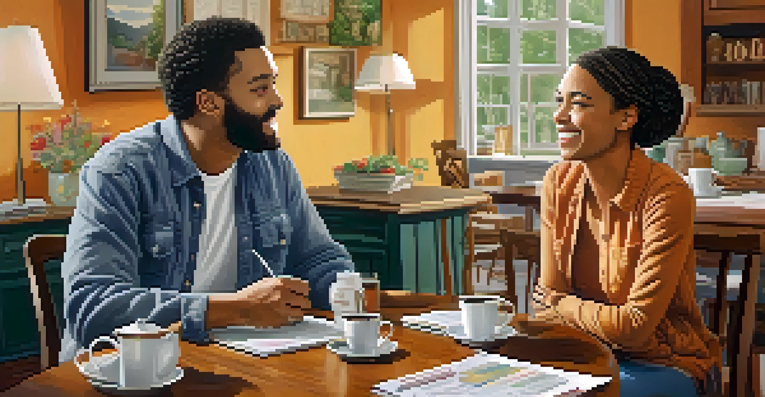 A landlord and tenant having a conversation at a dining table, surrounded by paperwork and a laptop, in a cozy home setting.