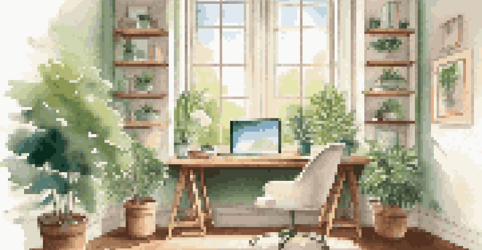 An elegant workspace with a desk by a window, light pastel colors, and a potted plant, illuminated by natural sunlight.