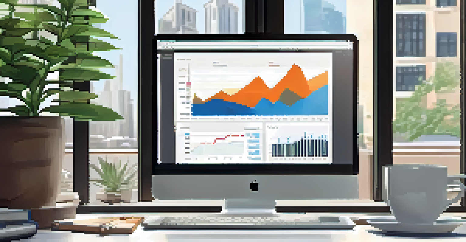 A workspace with a laptop showing real estate market data and charts, alongside a notepad and coffee cup.