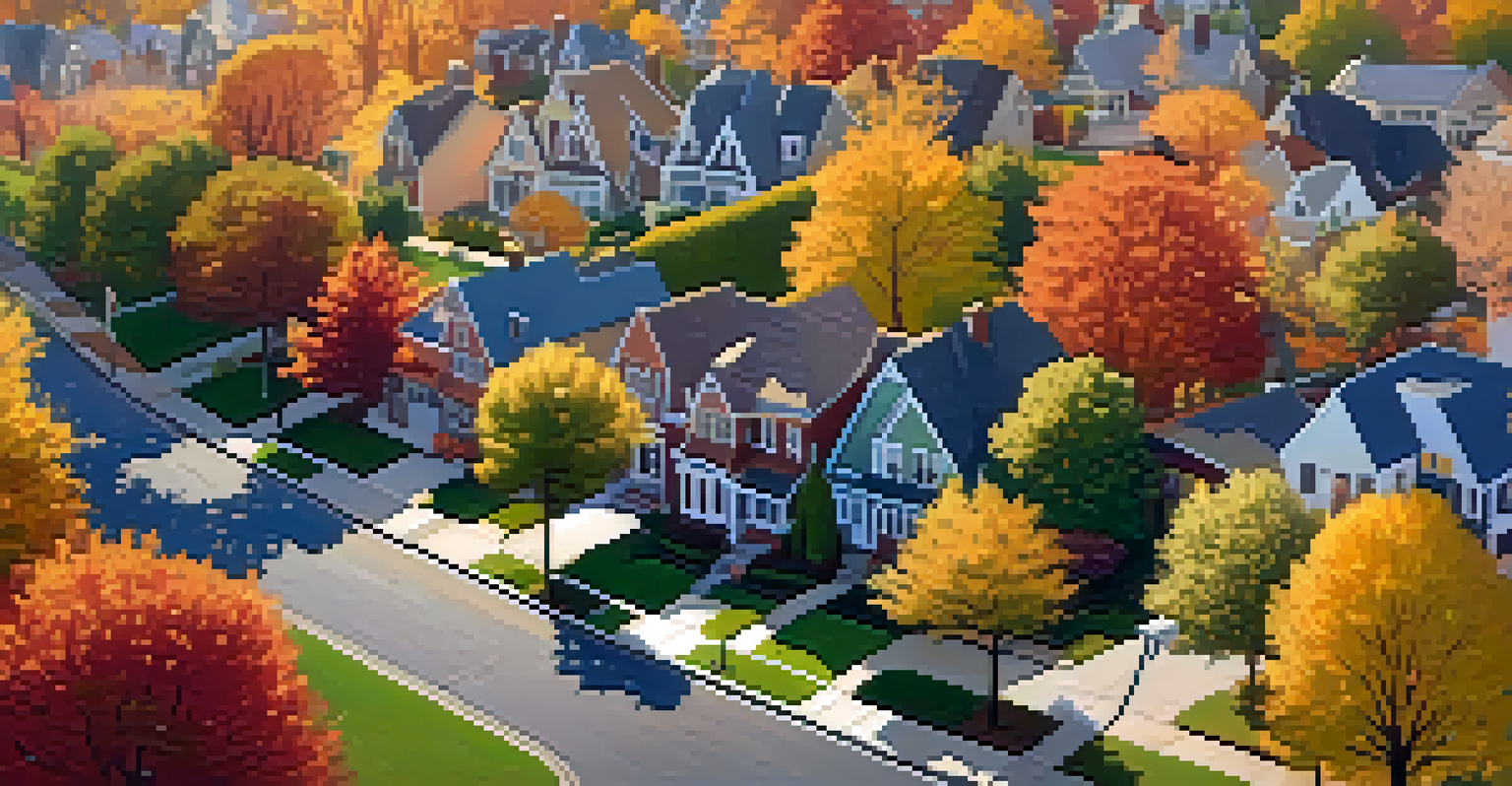 An aerial view of a suburban neighborhood with colorful autumn trees, houses, and children playing in a park.