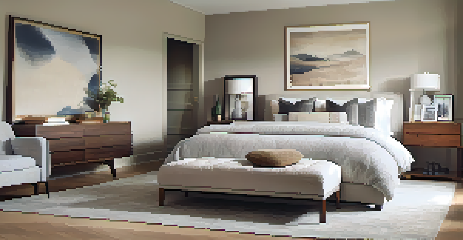 A serene bedroom with a plush bed, layered textures, and personal touches like family photos and art.