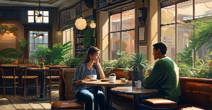 Two individuals in a café engaged in a deep conversation, one listening attentively and the other speaking animatedly.