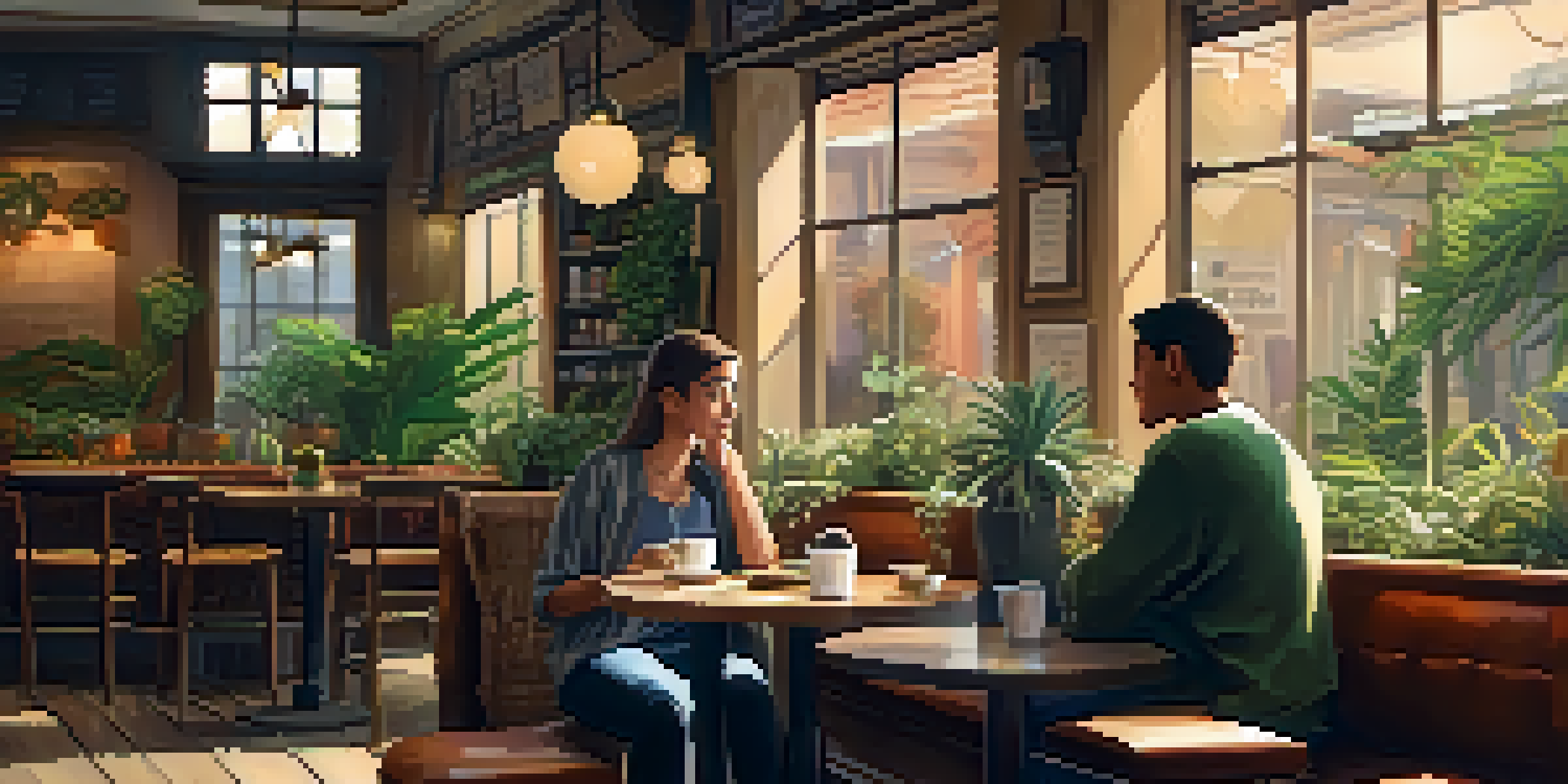 Two individuals in a café engaged in a deep conversation, one listening attentively and the other speaking animatedly.
