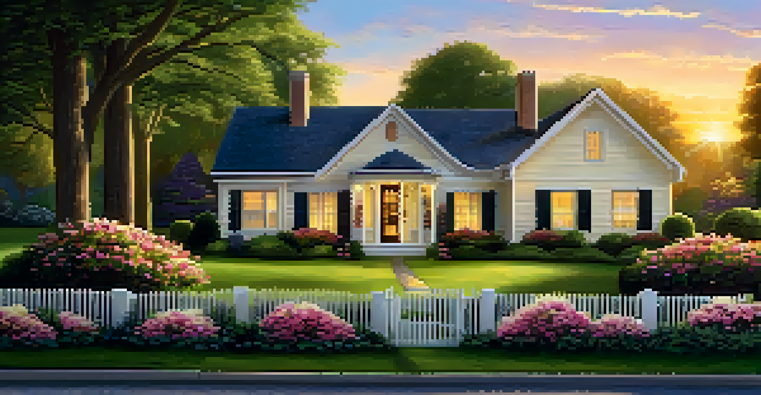 A 'For Sale' sign in front of a beautiful house surrounded by flowers.