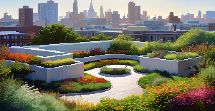 A lush green roof garden in an urban environment, featuring colorful plants and a skyline in the background.