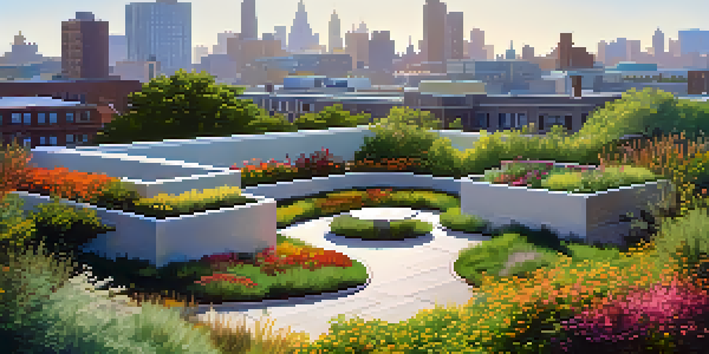 A lush green roof garden in an urban environment, featuring colorful plants and a skyline in the background.