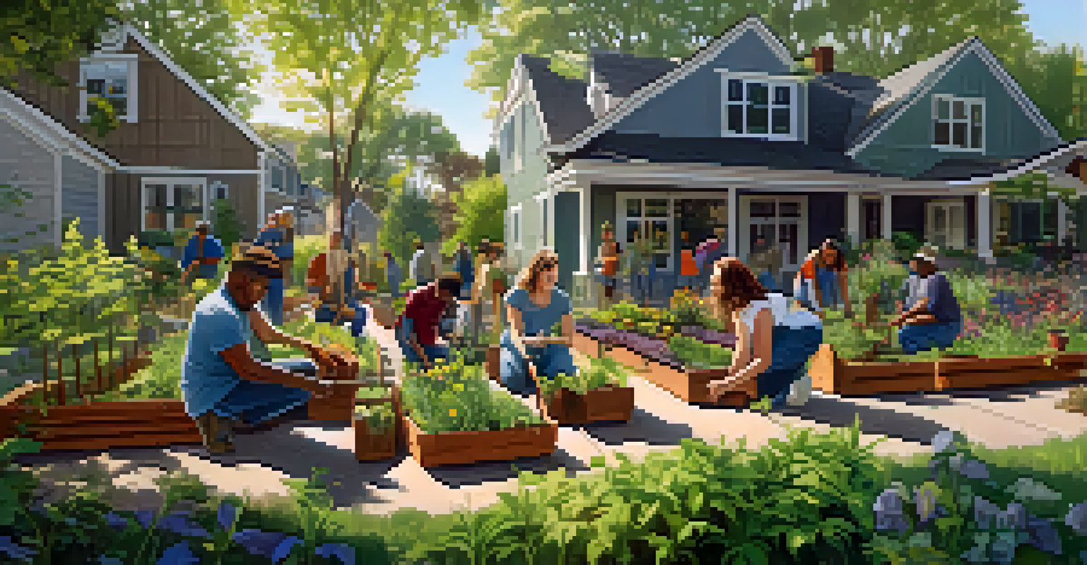 Neighbors working together in a community garden, planting trees and native plants, surrounded by greenery and gardening tools.