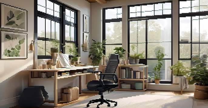 A spacious home office with an adjustable desk, ergonomic chair, and plants, illuminated by natural light from a large window.