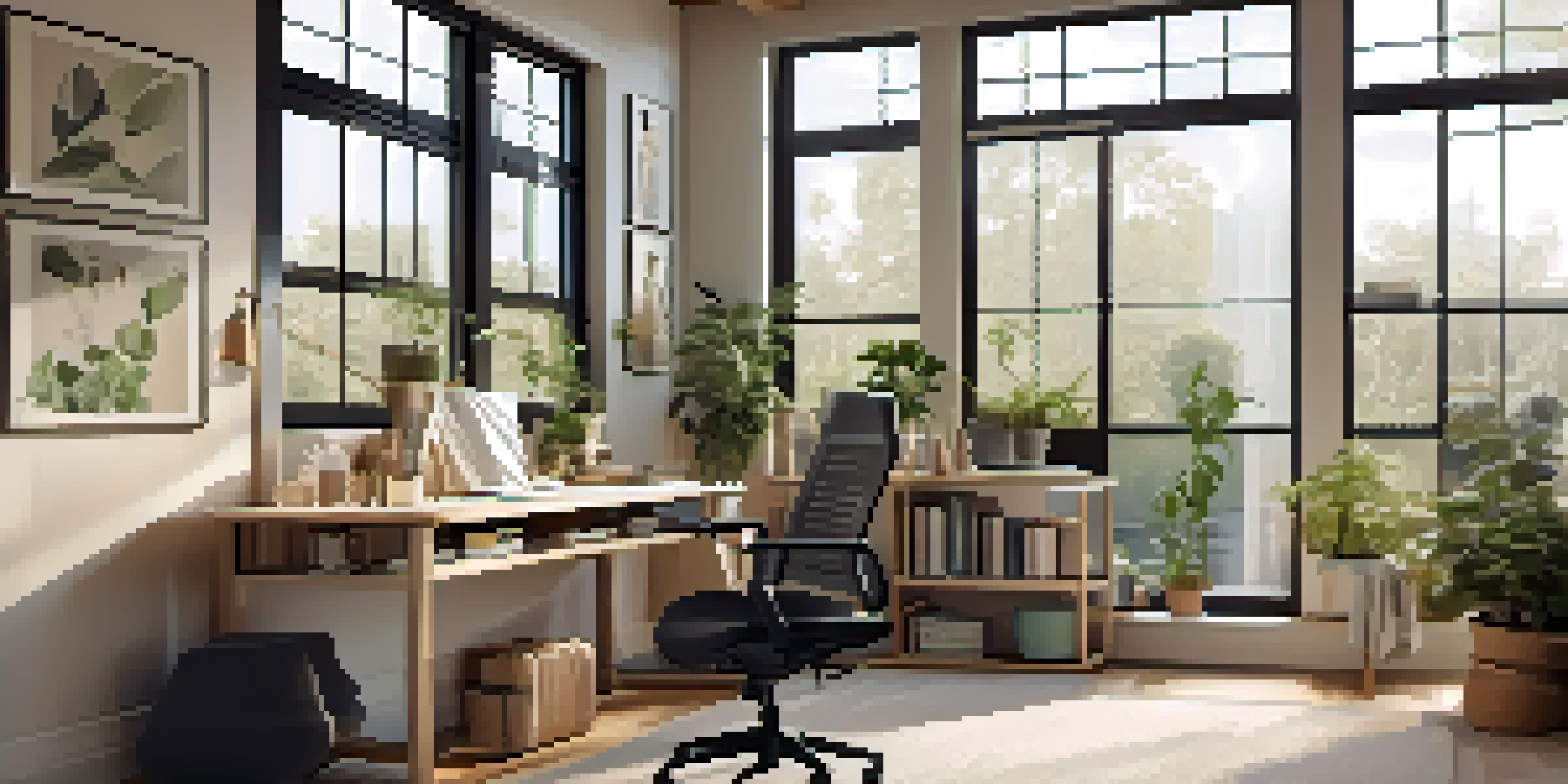 A spacious home office with an adjustable desk, ergonomic chair, and plants, illuminated by natural light from a large window.