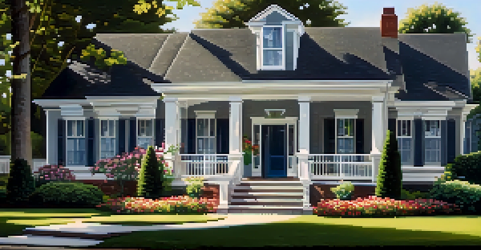 A modern house with a manicured lawn and flower beds under a clear blue sky.