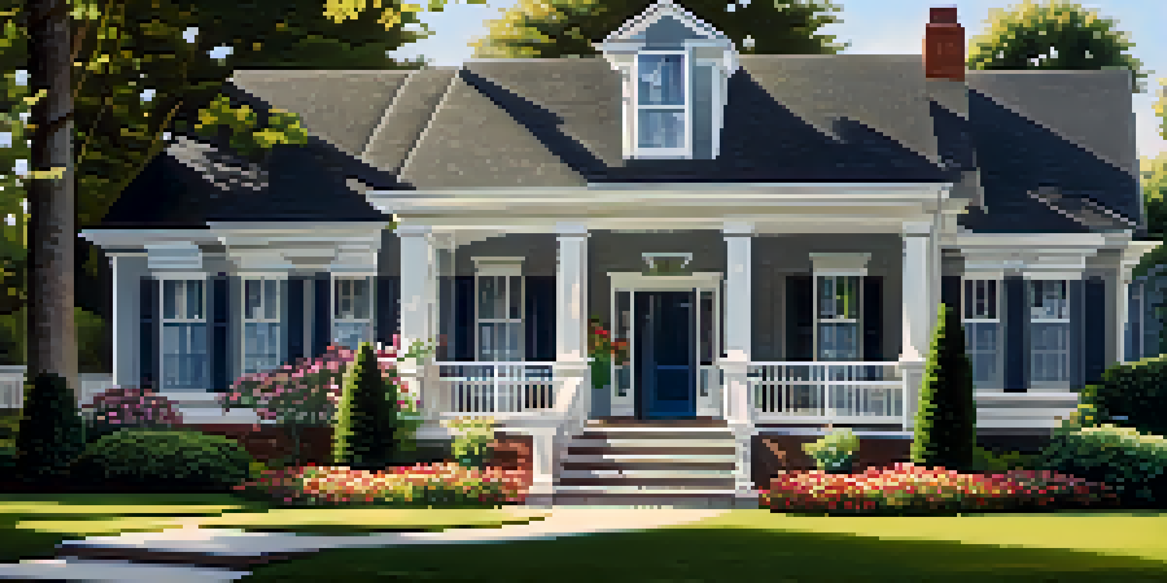 A modern house with a manicured lawn and flower beds under a clear blue sky.