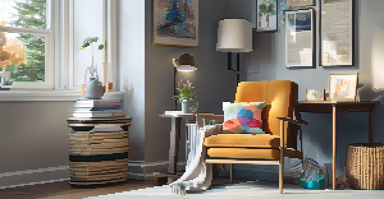 An inspiration corner with a reading chair, a small bookshelf, a vision board, and soft lighting, creating a cozy and motivational atmosphere.