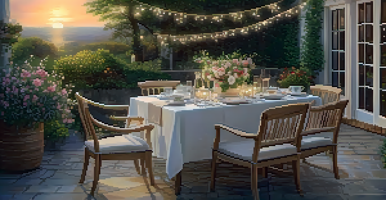 An outdoor dining area with a set table surrounded by flowers and twinkling lights.