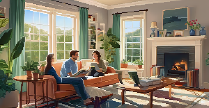 A cozy living room with a family engaging in various activities, surrounded by warm lighting and comfortable furniture.