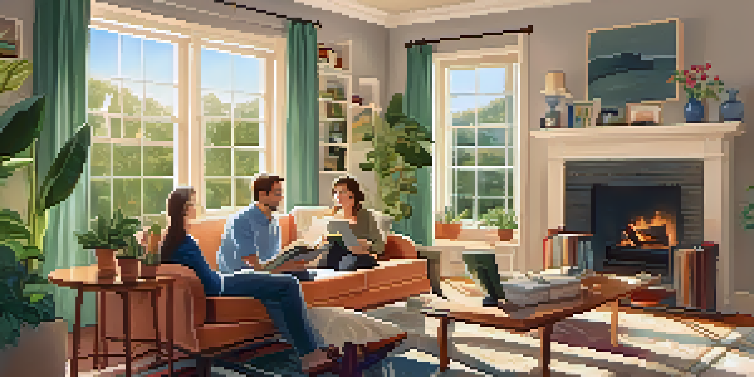 A cozy living room with a family engaging in various activities, surrounded by warm lighting and comfortable furniture.