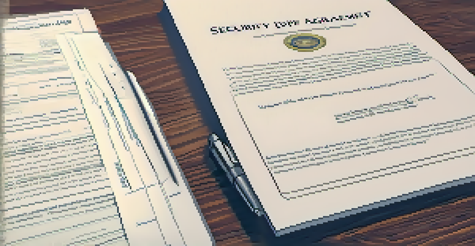 A close-up view of a security deposit agreement document on a desk with a pen, with blurred images of a rental property in the background.