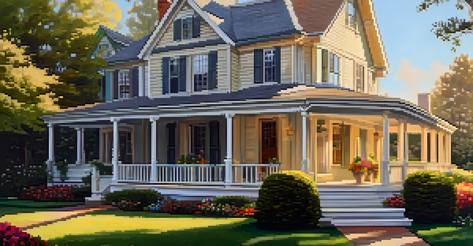 An exterior view of a charming house with fresh paint and beautiful landscaping during sunset.