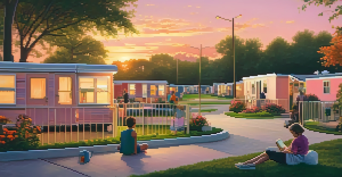 A beautiful mobile home park during sunset, featuring well-kept homes and a community of residents enjoying the outdoors.