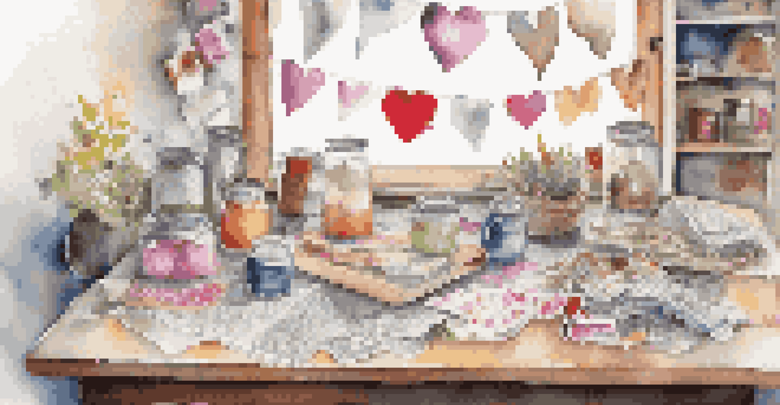 A colorful workspace filled with recycled craft projects including heart-shaped garlands and candle holders made from jars, illuminated by natural light.