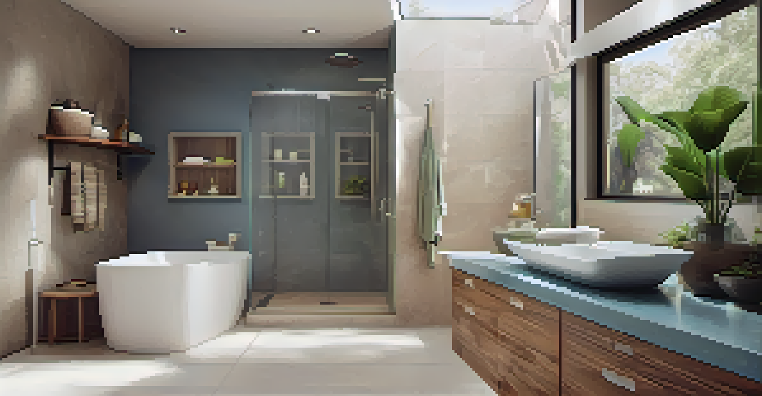 An inviting bathroom with a modern shower, stone countertop, and natural light from a skylight, featuring peace lilies.