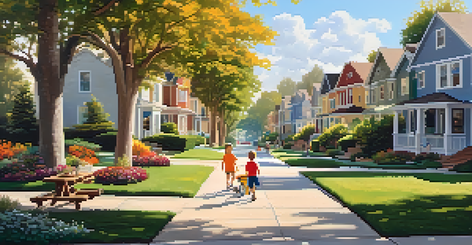 A sunny neighborhood street with colorful houses, gardens, and children playing in a park, depicting a friendly community atmosphere.