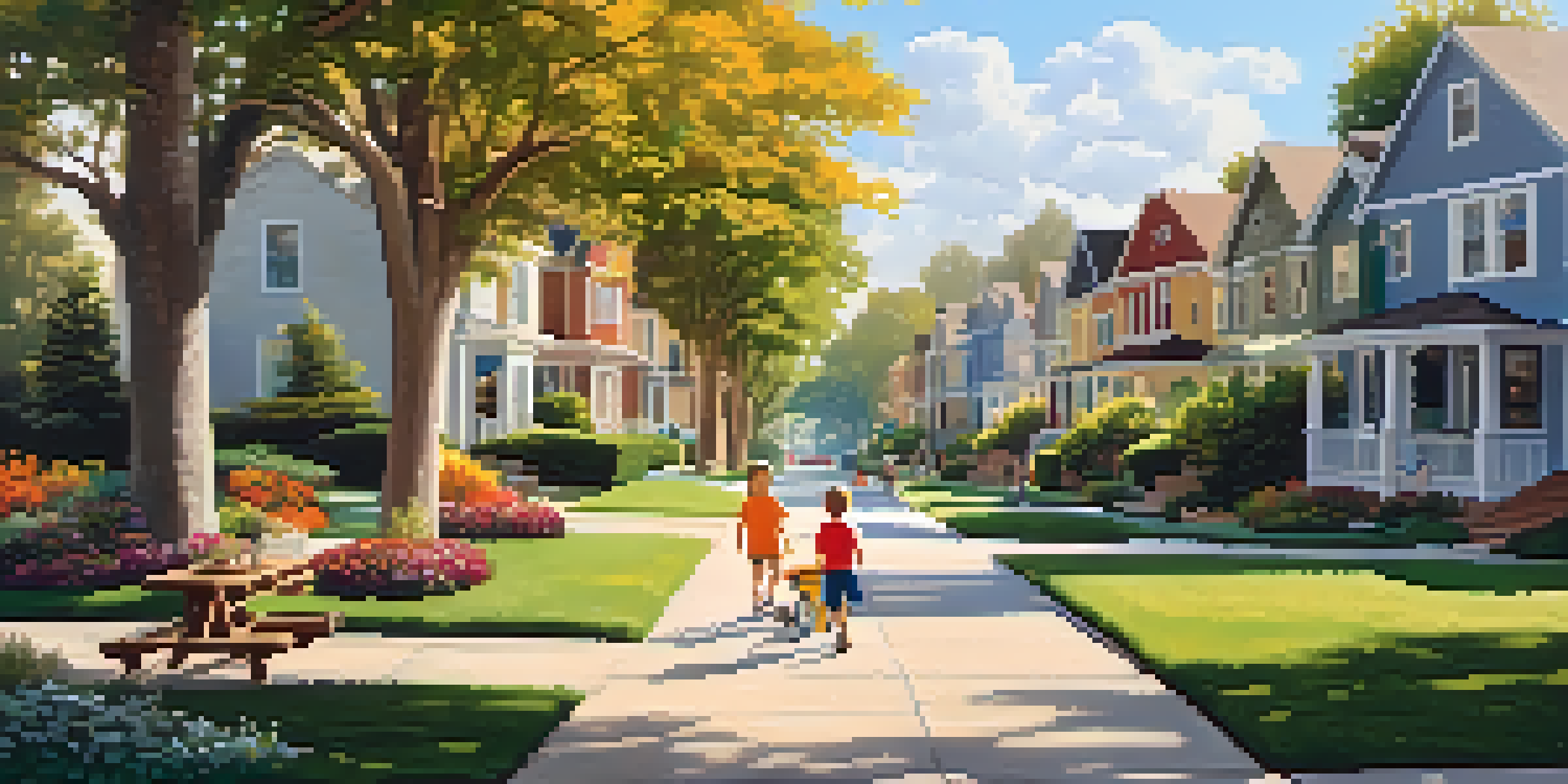 A sunny neighborhood street with colorful houses, gardens, and children playing in a park, depicting a friendly community atmosphere.