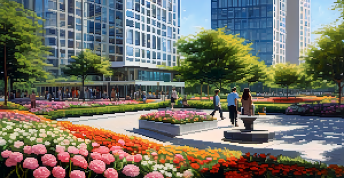 A modern high-rise building surrounded by greenery and flowers, with people walking in a park under a clear blue sky.