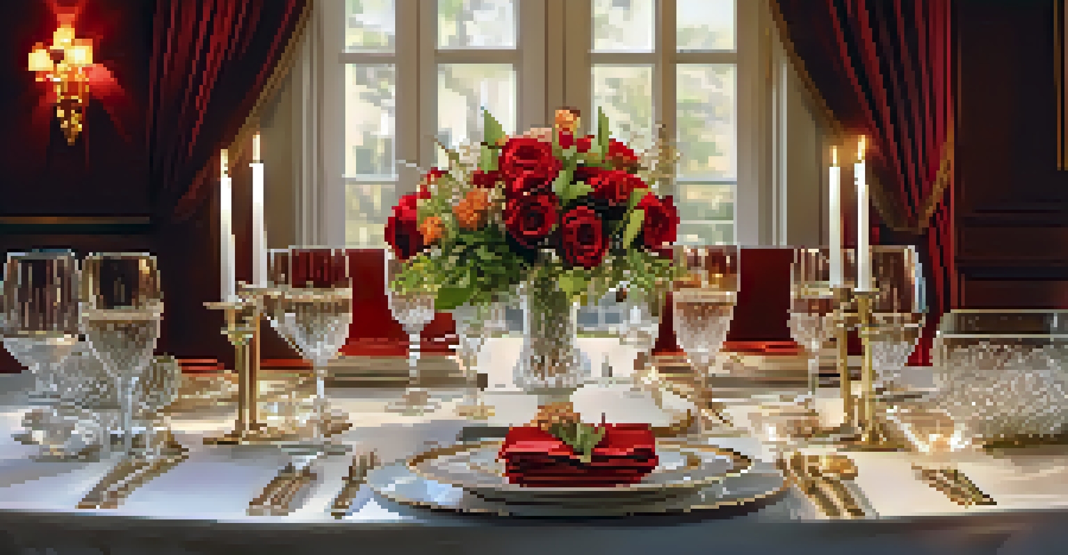 An elegantly set dining table with fine china, glassware, and candlelight.